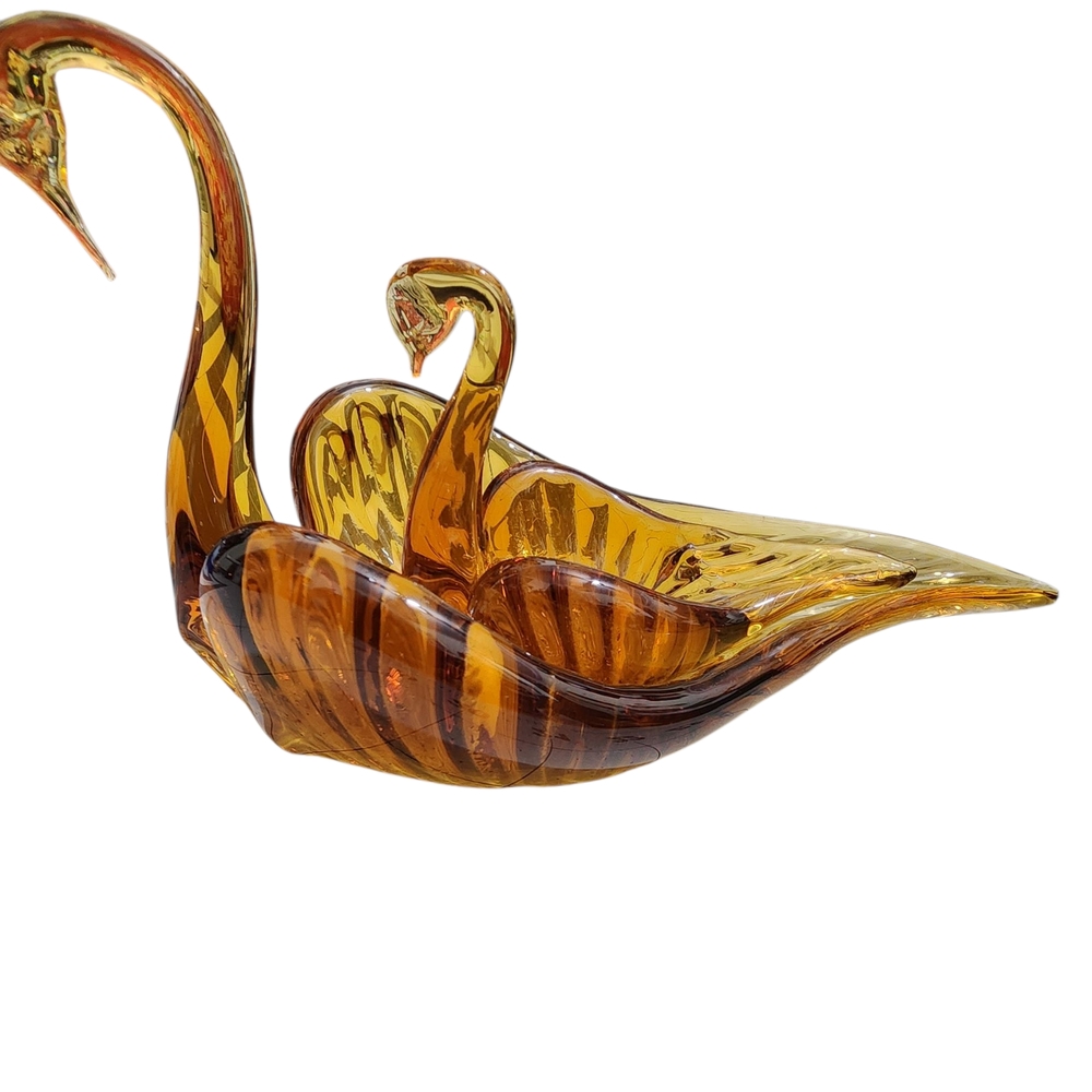 Vintage Amber Hand Blown Glass Swan  ash tray, Candy or Trinket dish